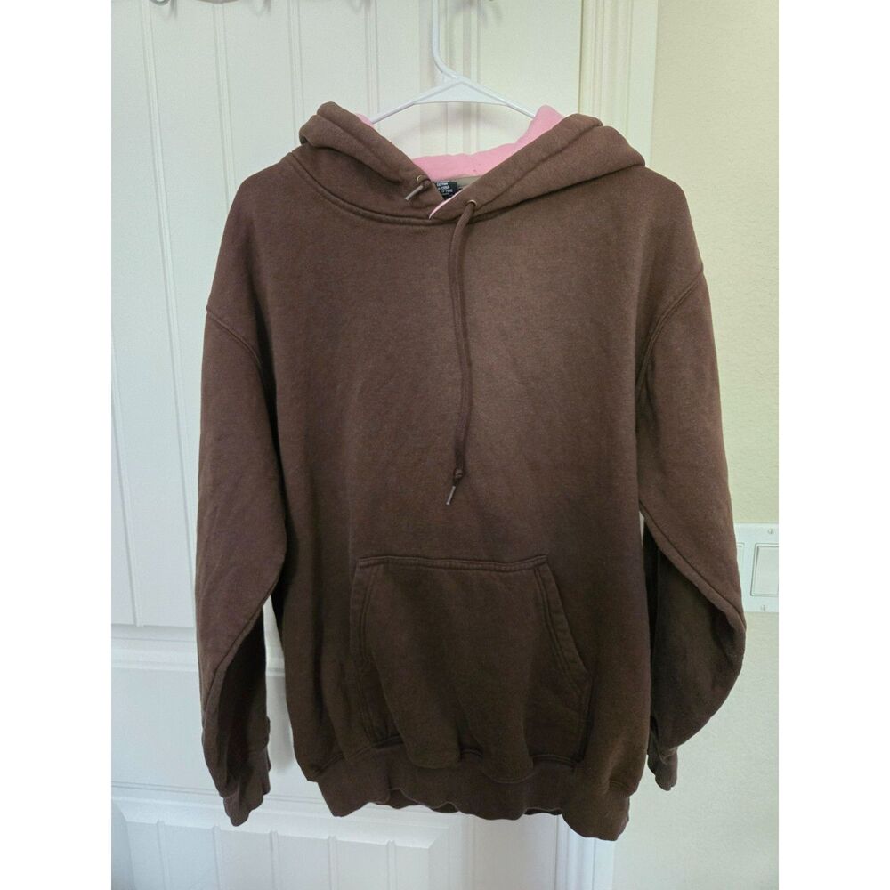 Men’s XL Brown Pullover Hoodie Pink Lined Hood Cotton Blend Sweatshirt